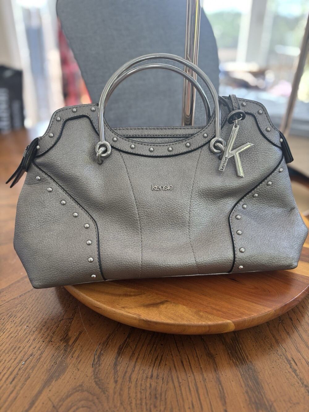Kensie Gray Silver Pebbled Studded Top Handle Satchel Zip K Charm Zebra Lining